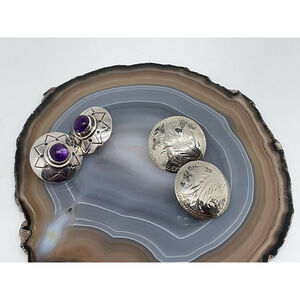 2 Pairs Sterling Silver 925 Amethyst & Sterling Pierced Earrings